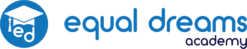 Logo for Equal Dreams Academy. A blue circle with a white graduation cap and the letters ed inside, next to the words equal dreams in blue and academy in purple lowercase letters.
